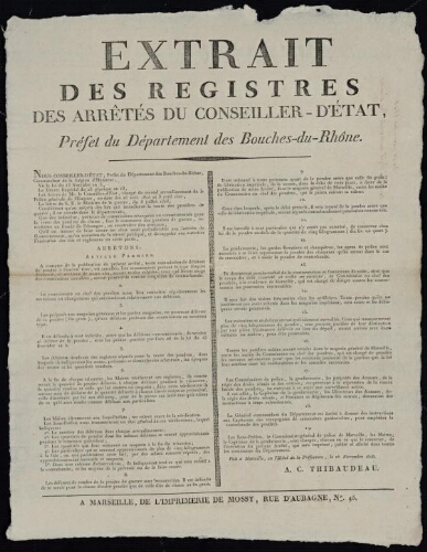 Extrait des registres des arrêtés du Conseiller-d'Etat, Préfet du département des Bouches-du-Rhône
