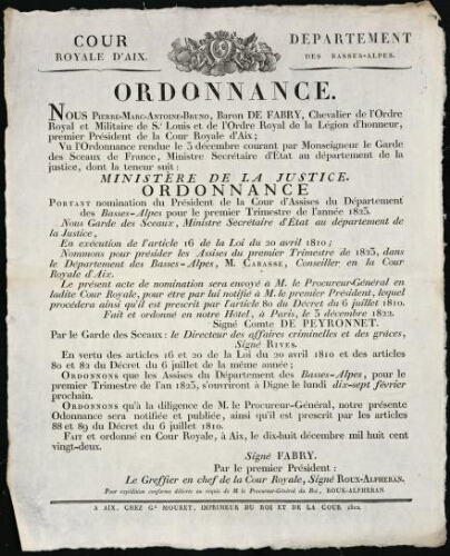 Ordonnance / Cour royale d'Aix. Département des Basses-Alpes