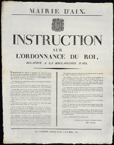 Instruction sur l'ordonnance du Roi relative à la boulangerie d'Aix / Mairie d'Aix