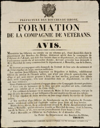 Formation de la compagnie de vétérans. Avis / Préfecture des Bouches-du-Rhône