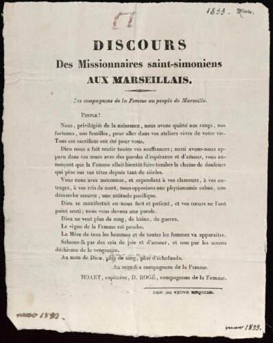 Discours des missionnaires Saint-Simoniens aux Marseillais. Les compagnons de la femme au peuple de Marseille / Hoart, capitaine ; D. Rogé, compagnons de la femme