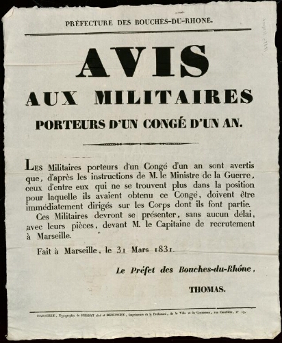 Avis aux militaires porteurs d'un congé d'un an / Préfecture des Bouches-du-Rhône