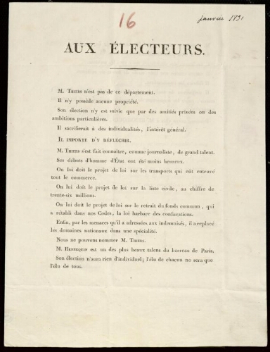 Aux électeurs. M. Thiers et M. Hennequin