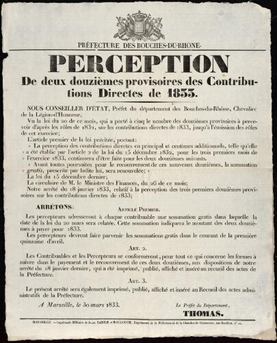 Perception des deux douzièmes provisoires des contributions directes de 1833 / Préfecture des Bouches-du-Rhône