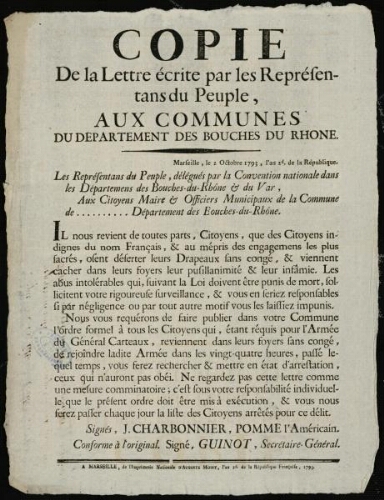 Copie de la lettre écrite par les représentans du peuple, aux communes du département des Bouches du Rhône