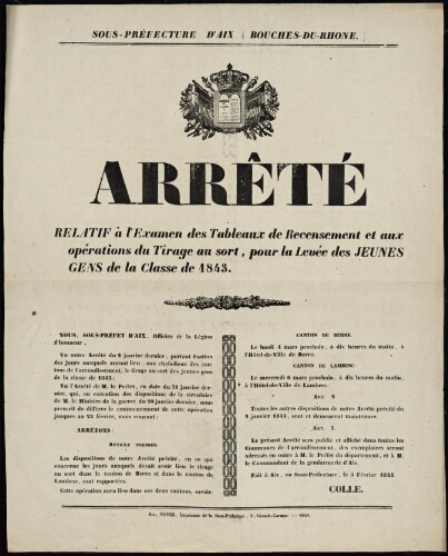 Arrêté relatif à l'examen des tableaux de recensement et aux opérations du tirage au sort, pour la levée des jeunes gens de la classe de 1843 / Sous-préfecture d'Aix