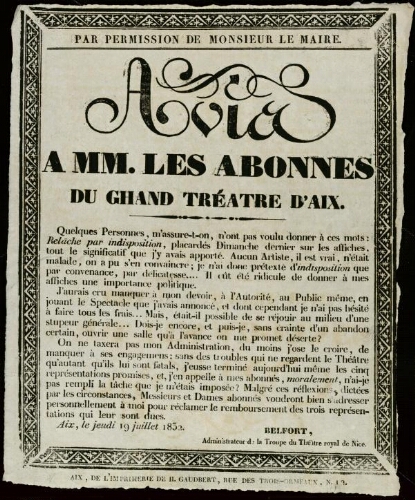 Avis à MM. les abonnés du grand théâtre d'Aix