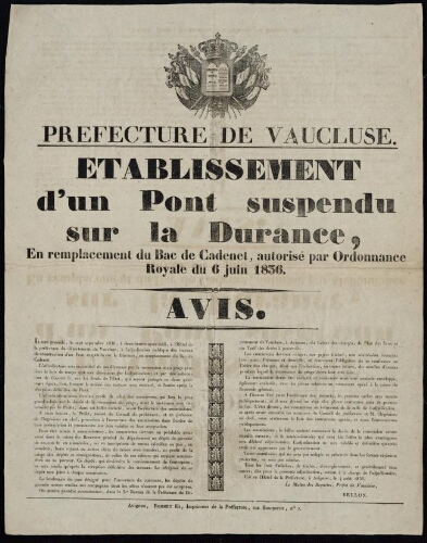 Établissement d'un pont suspendu sur la Durance en remplacement du bac de Cadenet...   / Préfecture de Vaucluse