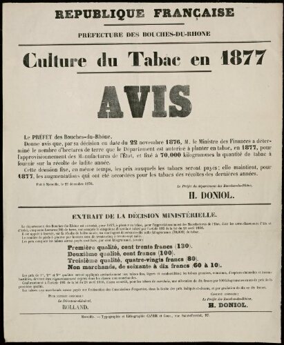 Culture du tabac en 1877 : avis / Préfecture des Bouches-du-Rhône