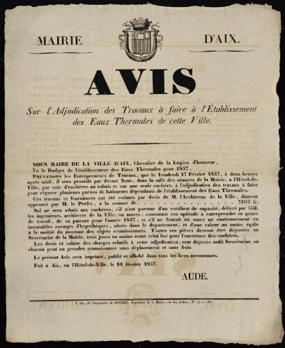 Avis sur l'adjudication des travaux à faire à l'établissement des eaux thermales de cette ville   / Mairie d'Aix