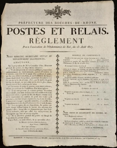 Postes et relais. Règlement pour l'exécution de l'ordonnance du Roi, du 13 août 1817 / Préfecture des Bouches-du-Rhône