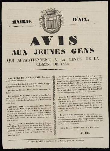 Avis aux jeunes gens qui appartiennent à la levée de la classe de 1836   / Mairie d'Aix