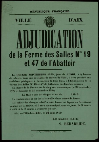 Adjudication de la ferme des salles n°19 et 47 de l'abattoir / Ville d’Aix