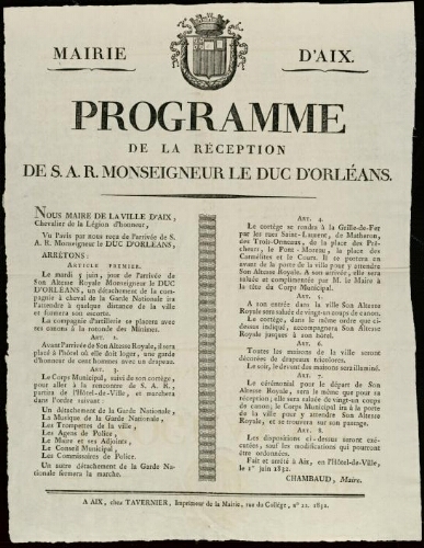 Programme de la réception de S.A.R. Monseigneur le duc d'Orléans / Mairie d'Aix