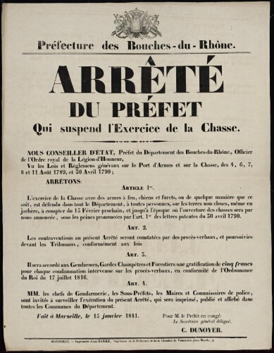 Arrêté du préfet qui suspend l'exercice de la chasse / Préfecture des Bouches-du-Rhône