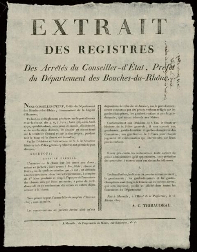Extrait des registres des arrêtés du Conseiller-d'Etat, Préfet des Bouches-du-Rhône / Préfecture des Bouches-du-Rhône