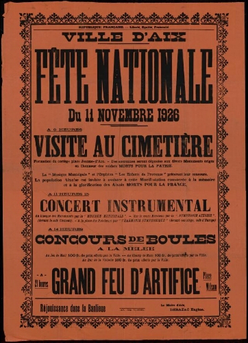 Fête nationale du 11 Novembre 1926 / Mairie d'Aix
