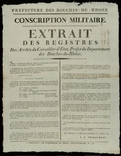 Conscription militaire. Extrait des registres des arrêtés du Conseiller-d'Etat, Préfet du département des Bouches-du-Rhône