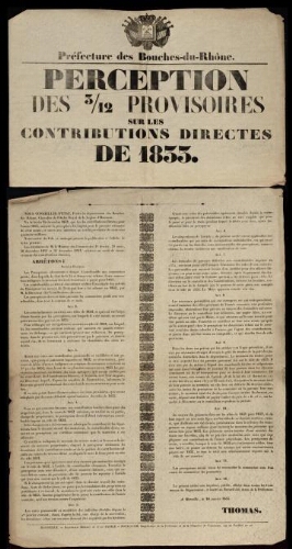 Perception des 3/12  provisoires sur les contributions directes de 1833 / Préfecture des Bouches-du-Rhône