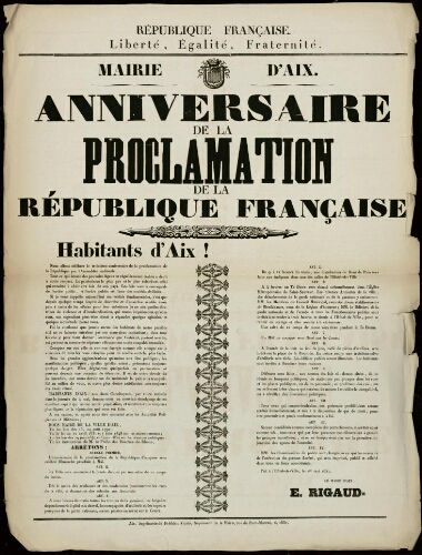République française. Liberté, égalité, fraternité. Anniversaire de la proclamation de la République française / Mairie d'Aix