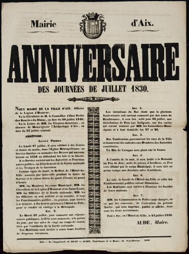 Anniversaire des journées de juillet 1830 / Mairie d'Aix