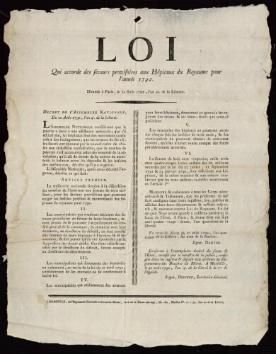 Loi qui accorde des secours provisoires aux hôpitaux du royaume pour l'année 1792. Donnée à Paris, le 12 août 1792, l'an 4e. de la liberté