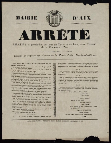 Arrêté relatif à la prohibition des jeux de cartes et de loto, dans l'étendue de la commune d'Aix   / Mairie d'Aix