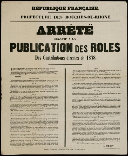 Arrêté relatif à la publication des rôles des contributions directes de 1878 / Préfecture des Bouches-du-Rhône