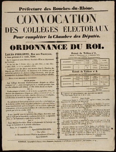 Convocation des collèges électoraux pour compléter la chambre des députés. Ordonnance du Roi. 'Louis Philippe roi des Français...' / Préfecture des Bouches-du-Rhône