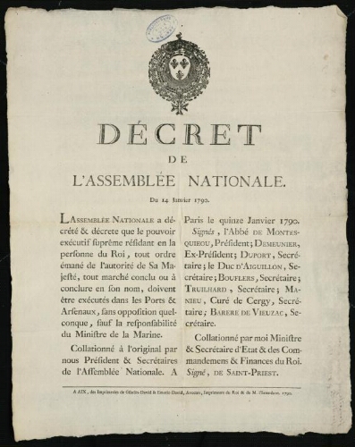 Décret de l'Assemblée nationale. Du 14 janvier 1790