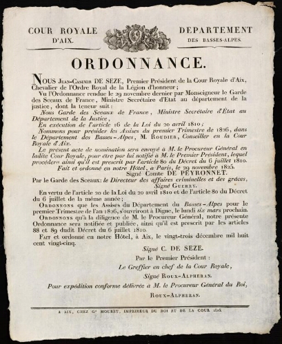 Ordonnance / Cour royale d'Aix. Département des Basses-Alpes