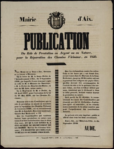 Publication du rôle de prestation en argent ou en nature pour la réparation des chemins vicinaux,  en 1840 / Mairie d'Aix