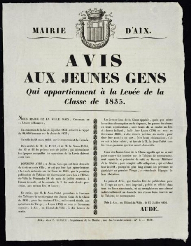 Avis aux jeunes gens qui appartiennent à la levée de la classe de 1835   / Mairie d'Aix