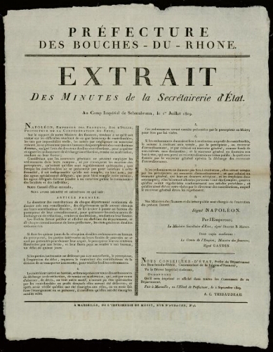 Extrait des minutes de la Secrétairerie d'Etat. Au camp impérial de Schoenbrunn, le 1er juillet 1809 / Préfecture des Bouches-du-Rhône