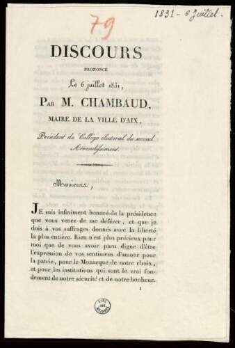 Discours prononcé le 6 juillet 1831