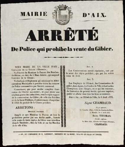 Arrêté de police qui prohibe la vente du gibier / Mairie d'Aix