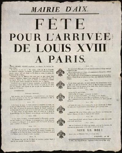 Fête pour l'arrivée de Louis XVIII à Paris / Mairie d'Aix