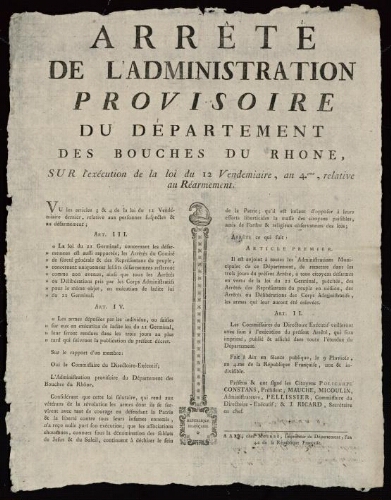 Arrêté de l'Administration provisoire du département des Bouches-du-Rhône, sur l'exécution de la loi du 12 Vendémiaire, an 4eme, relative au réarmement