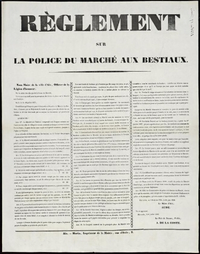 Règlement sur la police du marché aux bestiaux / Mairie d'Aix