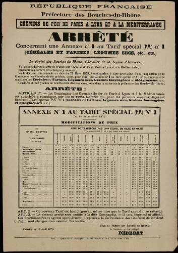 Chemins de fer de Paris à Lyon et à la Méditerranée : arrêté concernant une annexe n°1 au tarif [pour le transport des] céréales et farines, légumes secs, etc... / Préfecture des Bouches-du-Rhône