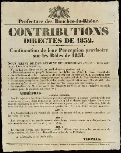 Contributions directes de 1832 / Préfecture des Bouches-du-Rhône