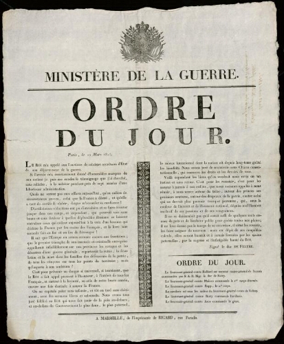 Ordre du jour. Paris, le 12 mars 1815 [signé le duc de Feltre,  Ministère de la Guerre]
