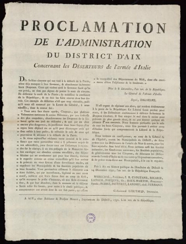 Proclamation de l'administration du district d'Aix, concernant les déserteurs de l'armée d'Italie