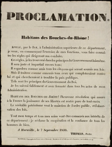 Proclamation. Habitans des Bouches-du-Rhône / Préfecture des Bouches-du-Rhône