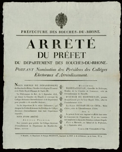 Arrêté du préfet du département des Bouches-du-Rhône, portant nomination des présidents des collèges électoraux d'arrondissement