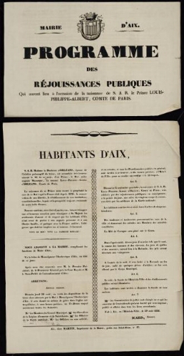 Programme des réjouissances publiques... à l'occasion de la naissance de S.A.R. le prince Louis-Philippe-Albert, comte de Paris   / Mairie d'Aix