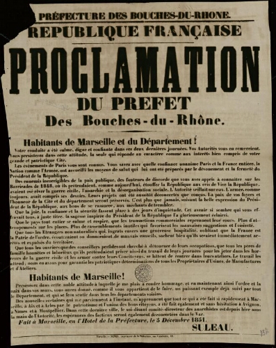 République française. Proclamation du préfet des Bouches-du-Rhône. Habitants de Marseille et du département [signé Suleau]