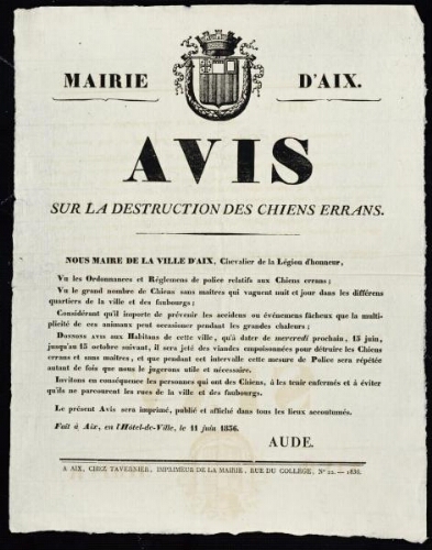 Avis sur la destruction des chiens errans   / Mairie d'Aix