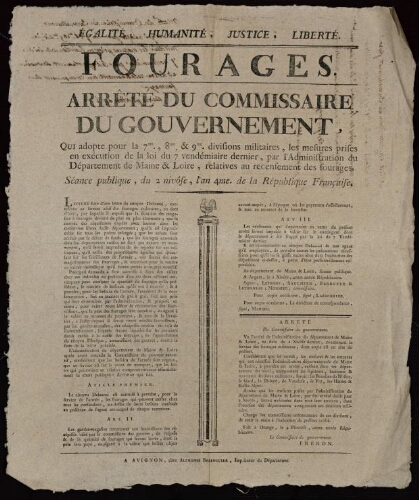 Fourrages Arrêté du commissaire du gouvernement [Fréron] qui adopte pour la 7me., 8me. & 9me. divisions militaires, les mesures prises par l'Administration du département de Maine & Loire, relatives au recensement des fourages