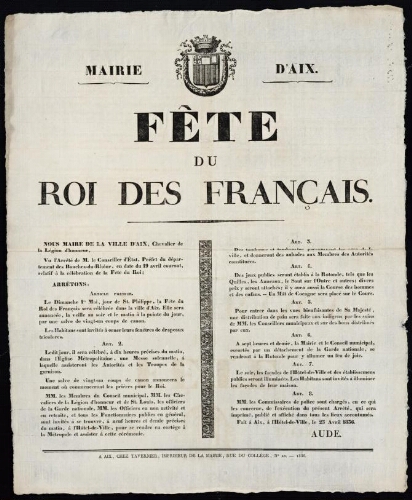 Fête du roi des français   / Mairie d'Aix